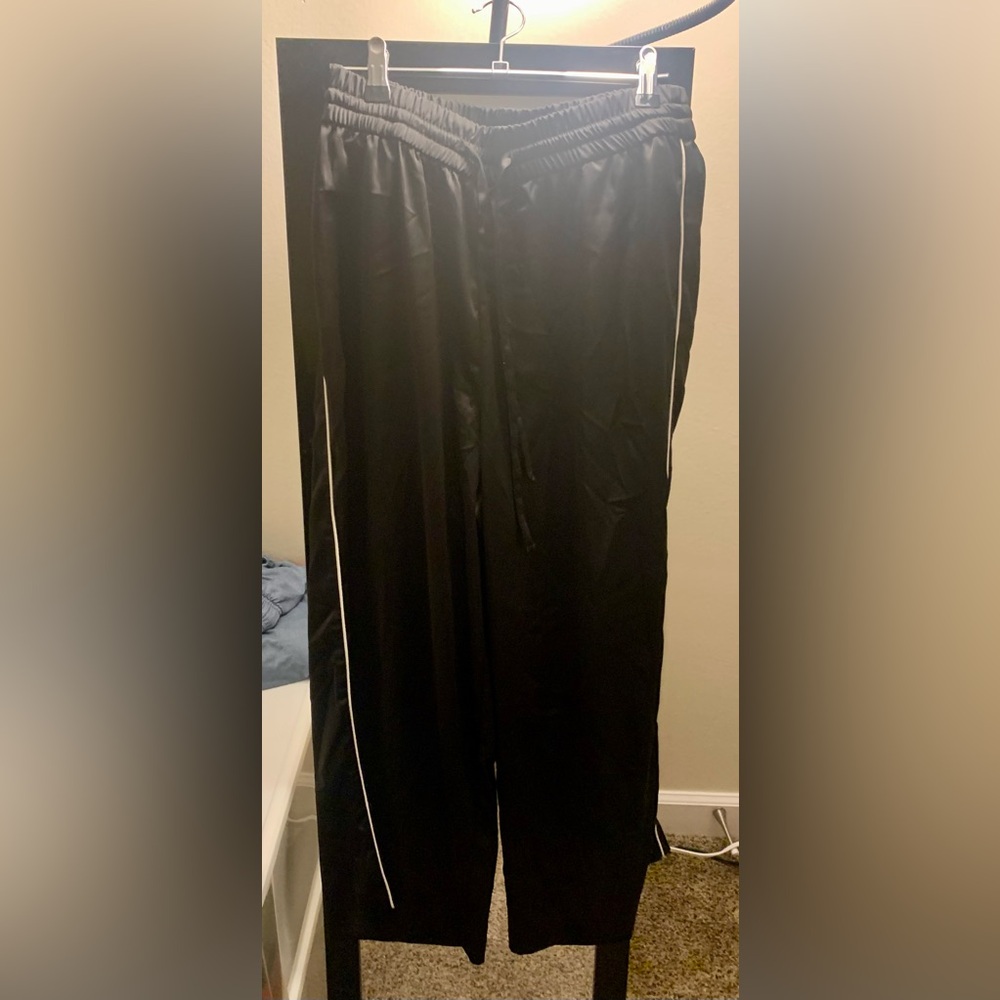 Zara satin white strip black ankle cropped track pants L